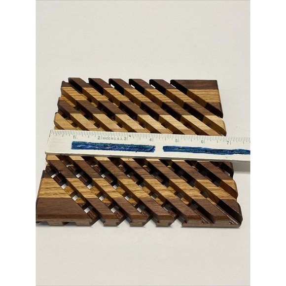Handmade Exotic Wood Trivets Rack Pot Rest Geometric Coaster Stripes Basketweave - Picture 5 of 5